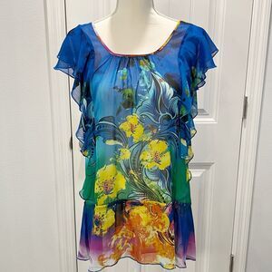 Mushbaby Sienna Rose Women's Sheer Flutter Sleeve Blouse Floral Size Small